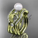 14k yellow gold diamond pearl leaf engagement ring with double matching band AP68S