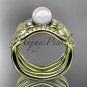14k yellow gold diamond pearl leaf engagement ring with double matching band AP68S