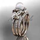 14kt rose gold diamond pearl unique engagement set, butterfly wedding ring AP141S