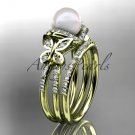 14kt yellow gold diamond pearl unique engagement set, butterfly wedding ring AP141S