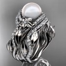 14kt white gold diamond pearl unique engagement ring with double matching band AP326S