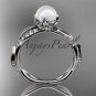 14k white gold diamond pearl leaf engagement ring AP385