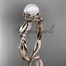 14k rose gold diamond pearl leaf engagement ring AP385