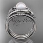 14k white gold diamond pearl leaf engagement ring with a double matching band AP334S