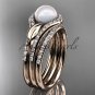 14k rose gold diamond pearl leaf engagement ring with a double matching band AP334S