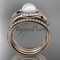 14k rose gold diamond pearl leaf engagement ring with a double matching band AP334S