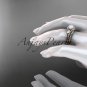 14k rose gold diamond pearl leaf engagement ring with a double matching band AP334S