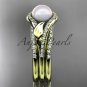 14k yellow gold diamond pearl leaf engagement ring with a double matching band AP334S