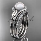 Platinum diamond pearl leaf engagement ring with a double matching band AP334S