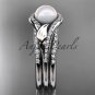 Platinum diamond pearl leaf engagement ring with a double matching band AP334S
