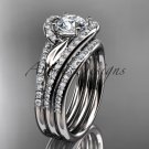 14k white diamond leaf wedding ring with a Moissanite center stone and double matching band ADLR317S