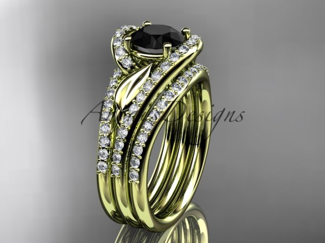 14k yellow diamond wedding ring with a Black Diamond Moissanite, double ...