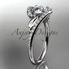 platinum diamond leaf wedding ring with a Moissanite center stone and double matching band ADLR317S