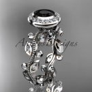 14k white gold diamond leaf and vine engagement ring with a Black Diamond center stone ADLR212