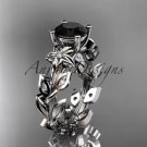 14k white gold diamond leaf and vine engagement ring with a Black Diamond center stone ADLR215