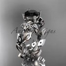 Platinum  diamond leaf and vine engagement ring with a Black Diamond center stone ADLR215