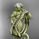 Unique 14kt yelow gold diamond flower, leaf and vine wedding ring, engagement set ADLR221S