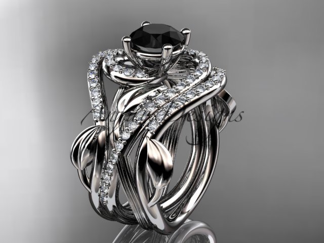 14kt white gold diamond engagement ring,Black Diamond center stone and double matching band ADLR222S