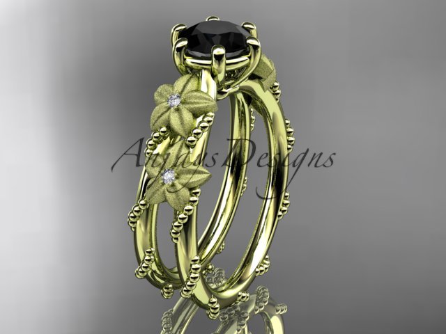 14k yellow gold diamond floral, leaf and vine engagement ring with Black Diamond center stone ADLR66