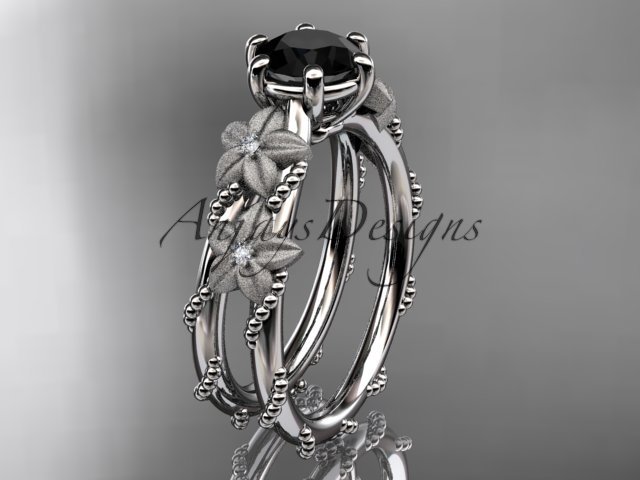 14kt white golddiamond floral, leaf and vine engagement ring with Black Diamond center stone ADLR66