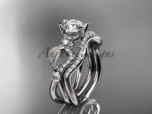 14kt white gold diamond leaf and vine wedding ring, engagement set ADLR68S
