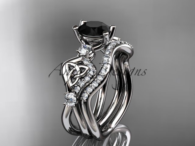 14kt white gold celtic trinity knot engagement set with a Black Diamond center stone CT768S