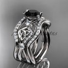 14kt white gold celtic trinity knot engagement ring,Black Diamond, double matching band CT768S