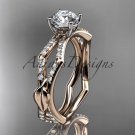 14k rose gold diamond leaf and vine engagement ring with a Moissanite center stone ADLR353
