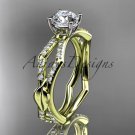 14k yellow gold diamond leaf and vine engagement ring with a Moissanite center stone ADLR353
