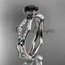 14k white gold diamond leaf and vine engagement ring with a Black Diamond center stone ADLR353