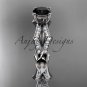 14k white gold diamond leaf and vine engagement ring with a Black Diamond center stone ADLR353