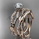 14k rose gold diamond leaf and vine engagement set with a F Moissanite center stone ADLR353S