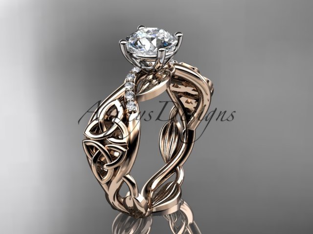 14kt rose gold diamond celtic trinity knot engagement ring with a Moissanite center stone CT7270