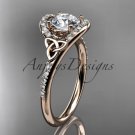 14kt rose  gold diamond celtic trinity knot engagement ring with a Moissanite center stone CT7317