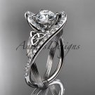 14kt white gold diamond celtic trinity knot engagement ring with a Moissanite center stone CT7369