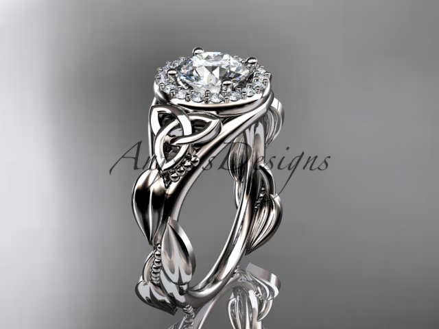 14kt white gold diamond celtic trinity knot engagement ring with a Moissanite center stone CT7327