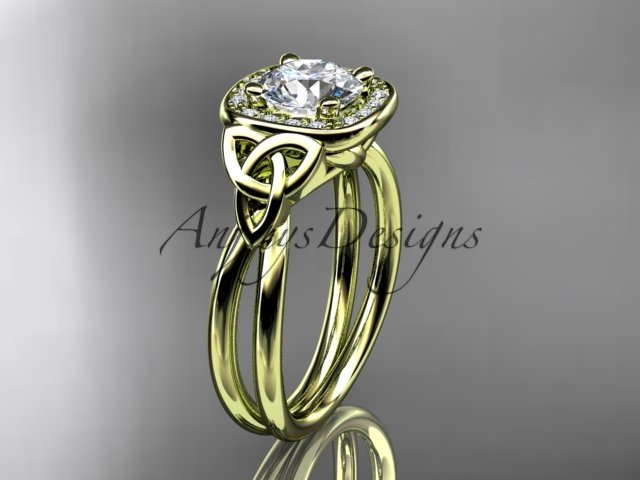 14kt yellow gold diamond celtic trinity knot wedding ring with a Moissanite center stone CT7330