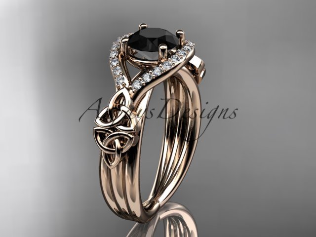 14kt rose gold celtic trinity knot diamond wedding ring with Black Diamond center stone CT785