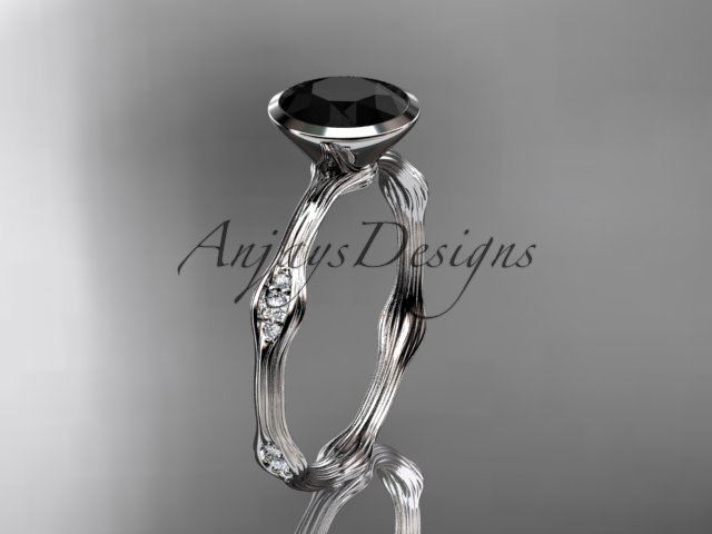 14k white gold diamond vine wedding ring, engagement ring with Black Diamond center stone ADLR21A