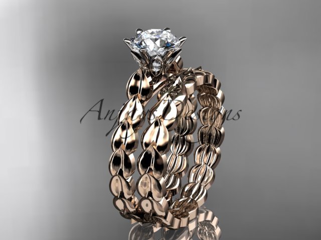 14k rose gold diamond vine and leaf engagement set with a Moissanite center stone ADLR35