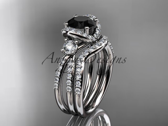 14kt white gold diamond unique engagement set with a Black Diamond center stone ADER146S
