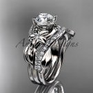 Platinum  diamond leaf and vine engagement set with a Moissanite center stone ADLR224s