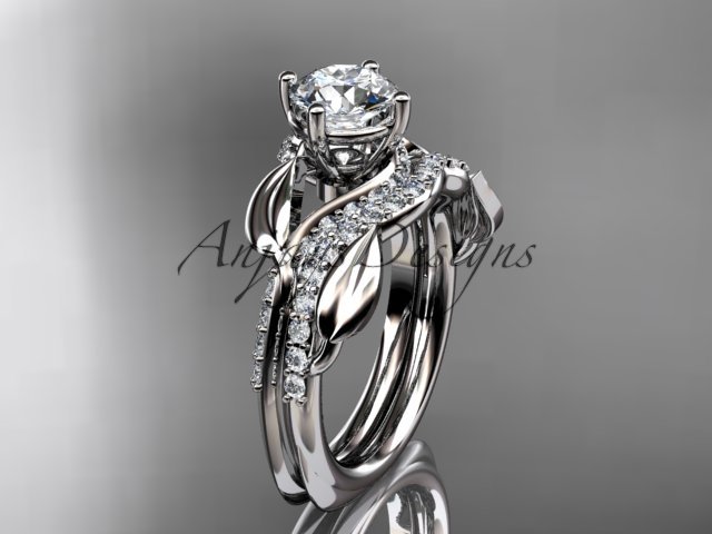 Unique 14k white gold diamond leaf wedding ring, engagement set ADLR225S