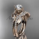 Unique 14k rose gold diamond leaf wedding ring, engagement set ADLR225S