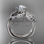 14k white gold diamond leaf wedding ring, engagement set with a Moissanite center stone ADLR225S