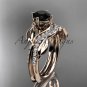 14k rose gold diamond leaf wedding ring, engagement set with a Black Diamond center stone ADLR225S