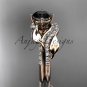 14k rose gold diamond leaf wedding ring, engagement set with a Black Diamond center stone ADLR225S