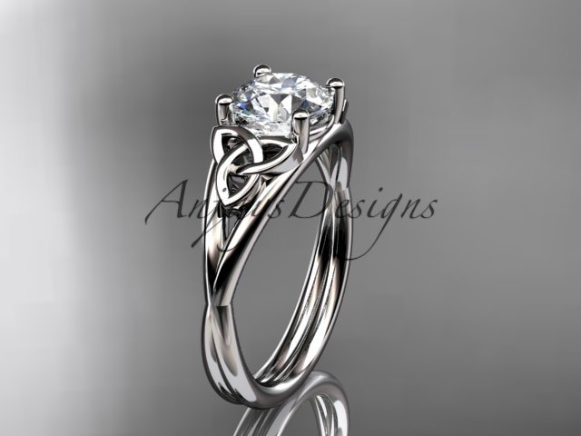 14kt white gold celtic trinity knot engagement ring with a Moissanite center stone CT7189