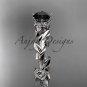 Unique 14kt white gold diamond floral engagement ring with a Black Diamond center stone ADLR248