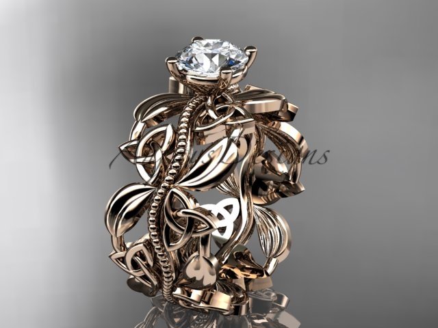 14kt rose gold celtic trinity knot engagement ring with a Moissanite center stone CT7188